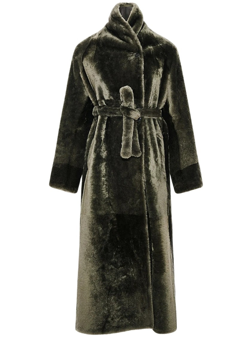 Yves Salomon Deep Green Belted Shearling Coat