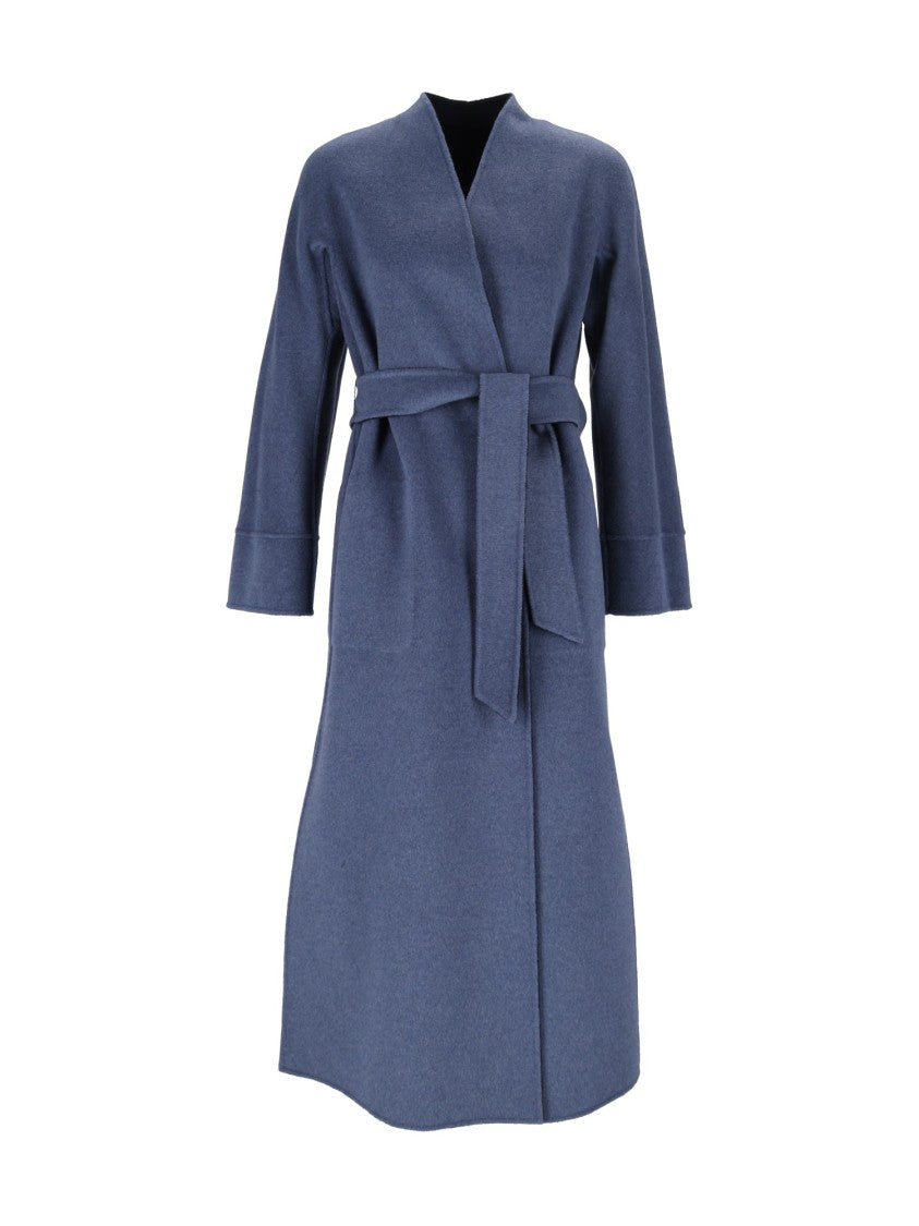 Max Mara Blue Nodo Collarless Belted Long Coat