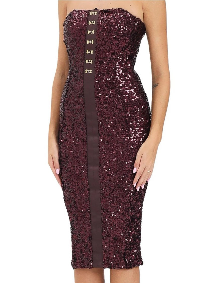 Elisabetta Franchi Shimmering Sequin Midi Dress With Gold-Tone Clasps