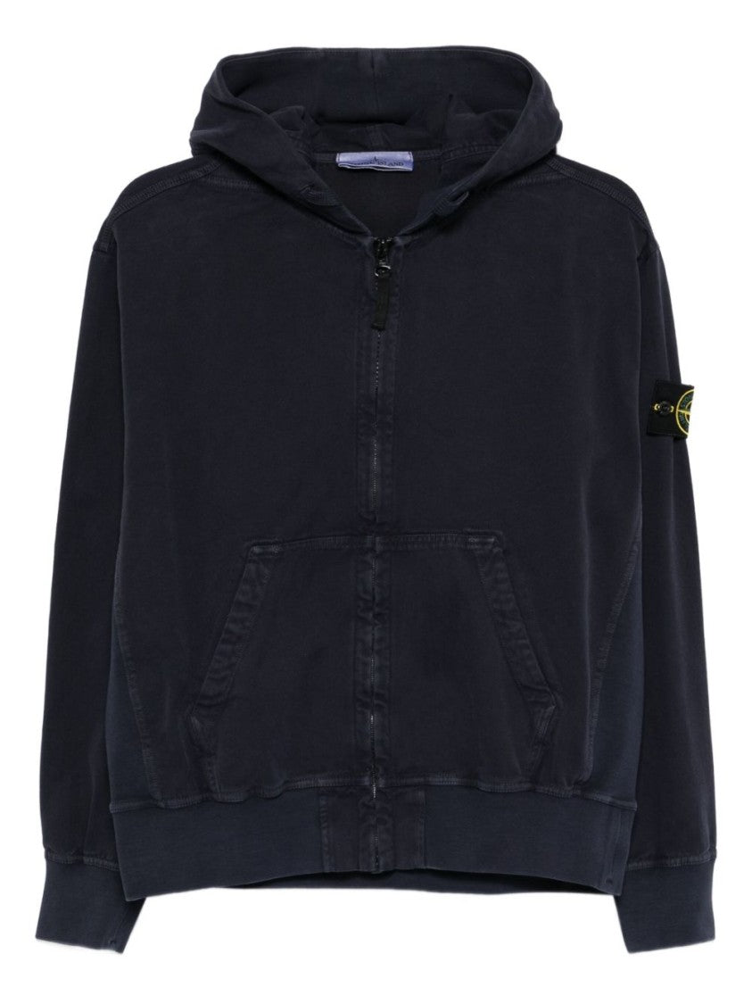 Stone Island Zip-Up Hoodie In Deep Ink Blue Organic Cotton With Logo Badge