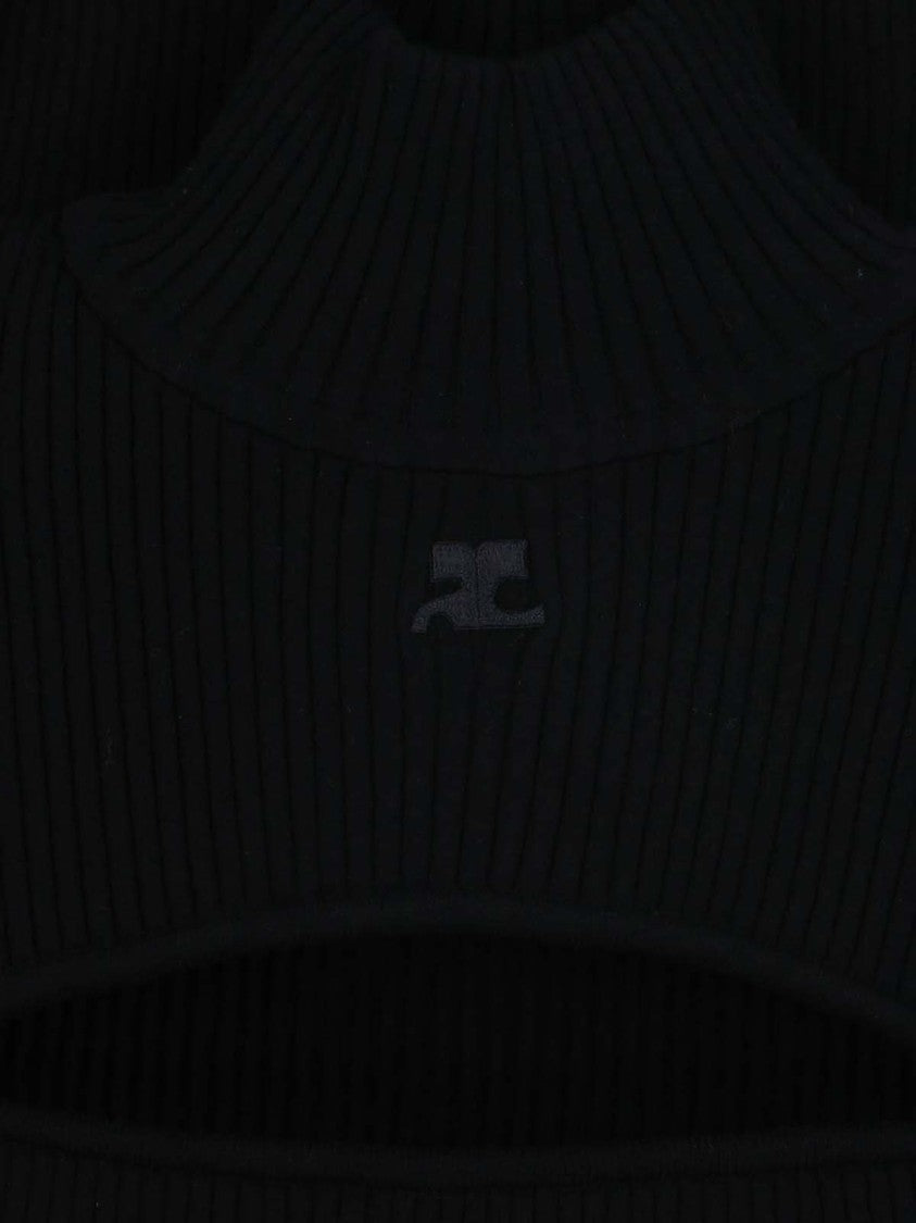 Courrèges Black Cut-Out High Collar Ribbed Viscose Knit Sweater
