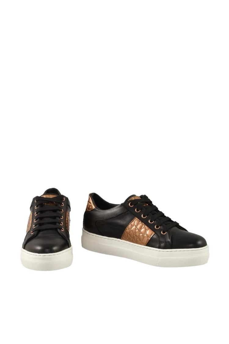 Twelve Style Division Black Leather Sneakers With Textured Bronze Accents