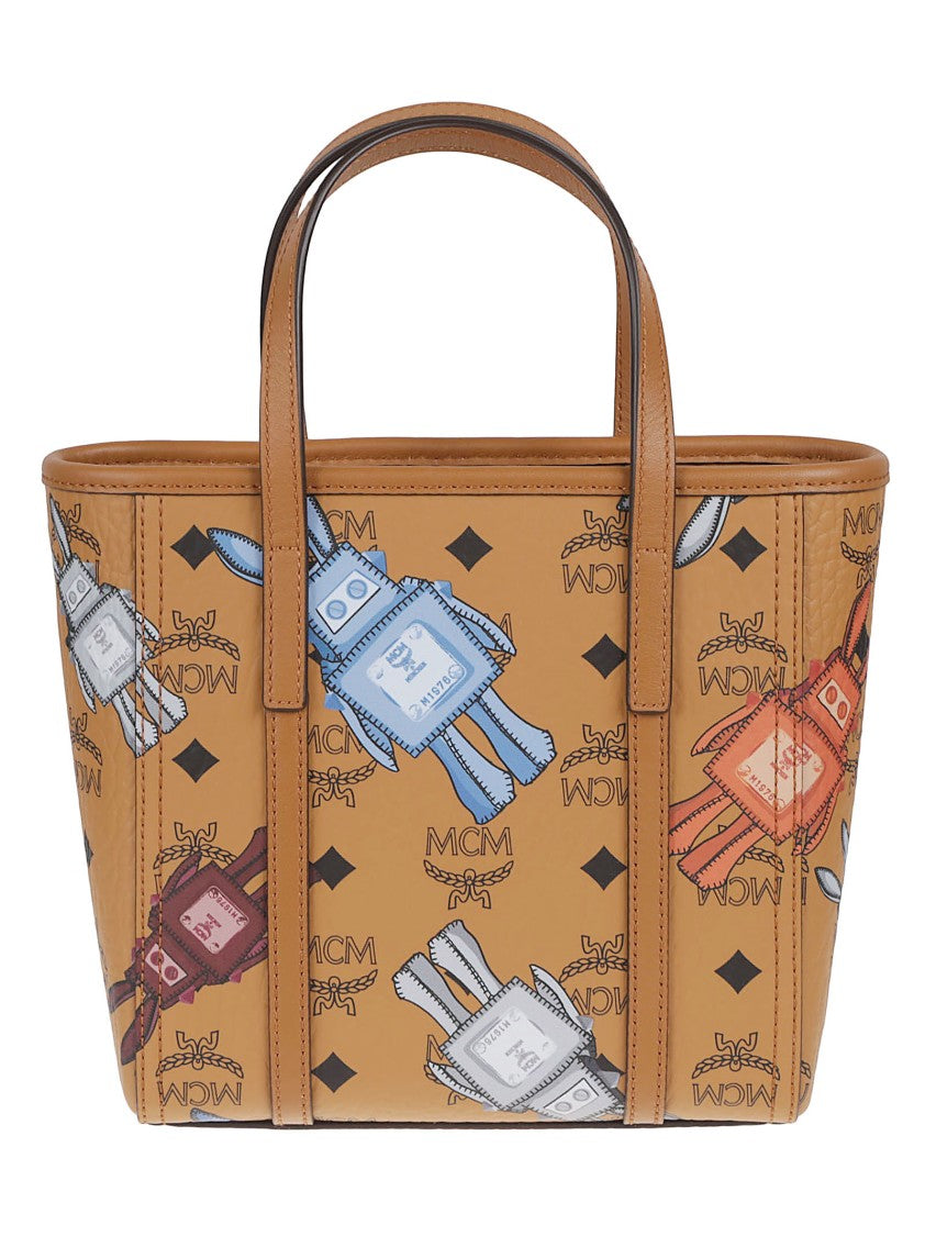 Mcm Coated Canvas Handbag With Playful Logo Print And Leather Accents