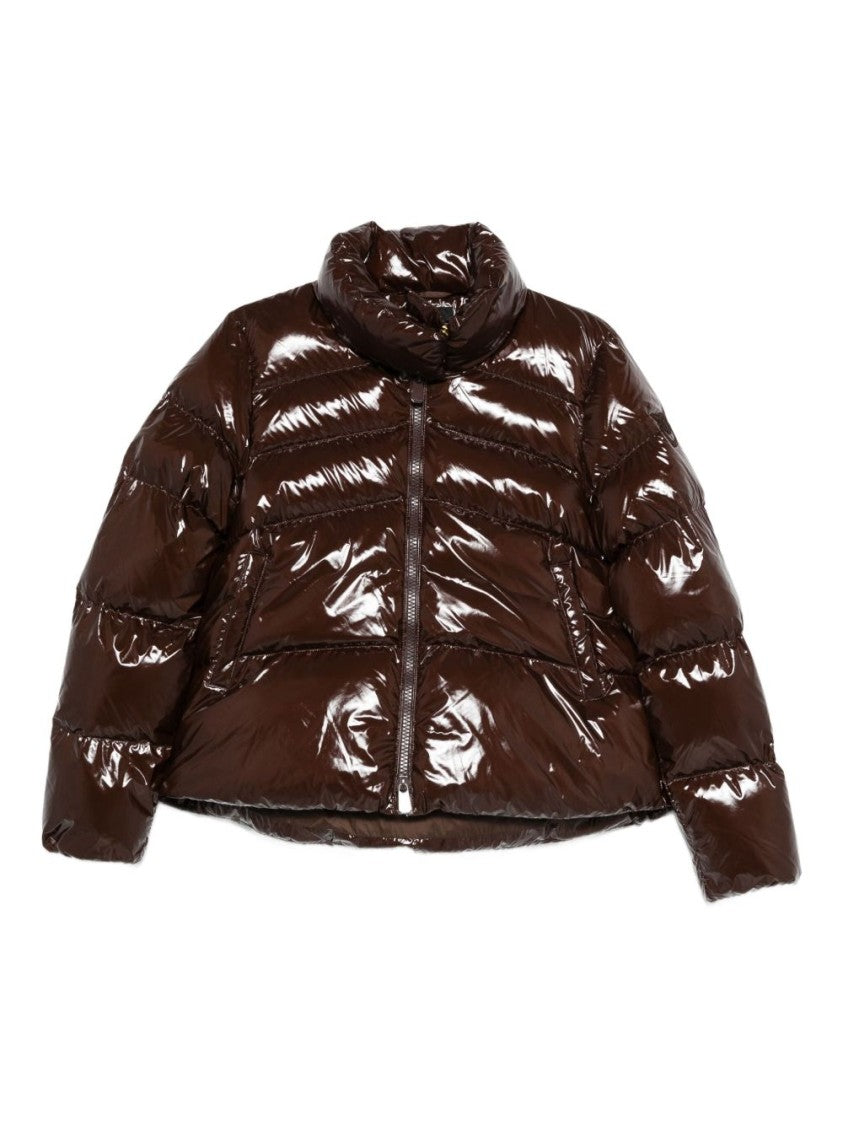 Pinko Quilted Brown Coat With High-Shine Finish And Funnel Neck