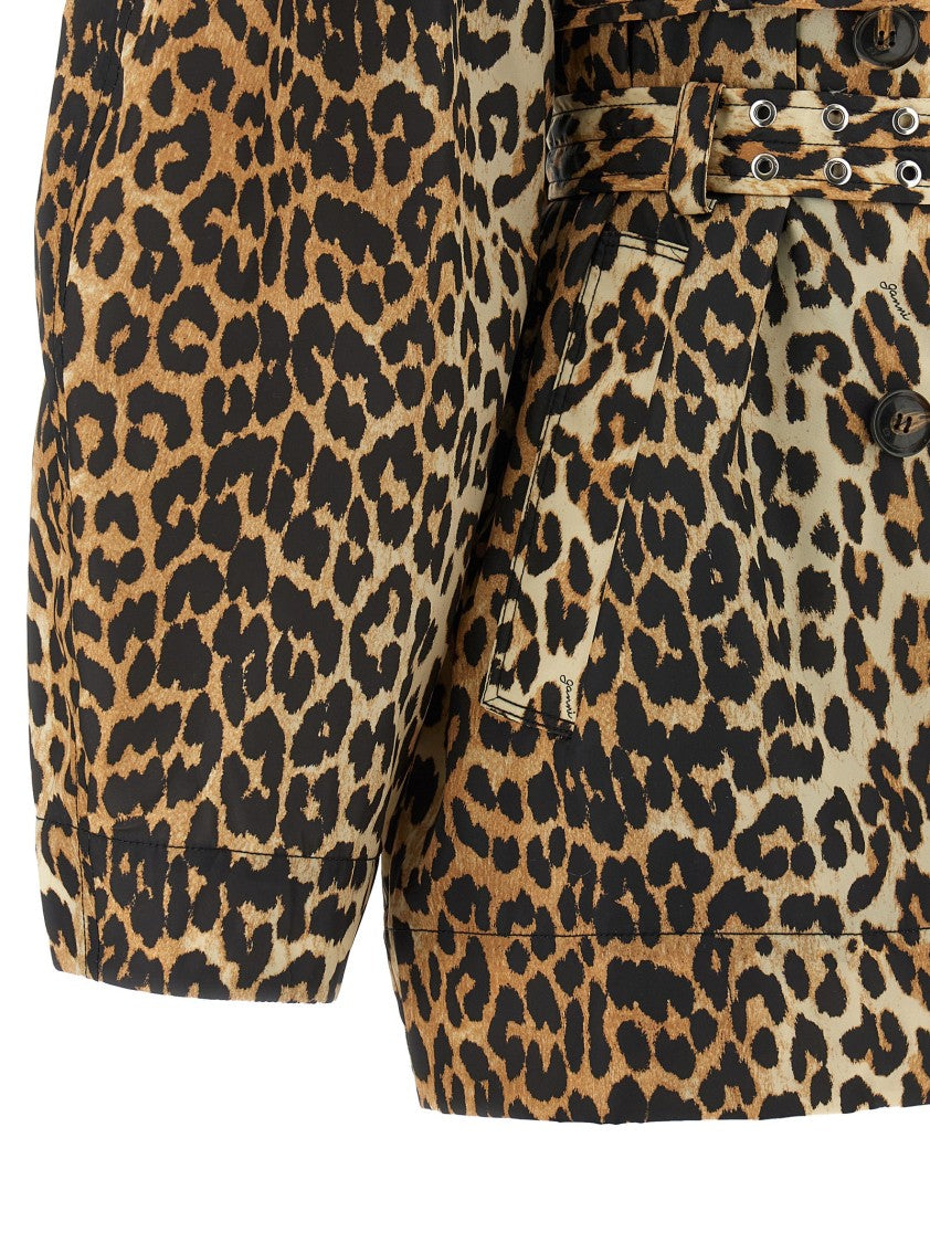 Ganni 'Leopard Duchesse Nylon Short' Trench Coat