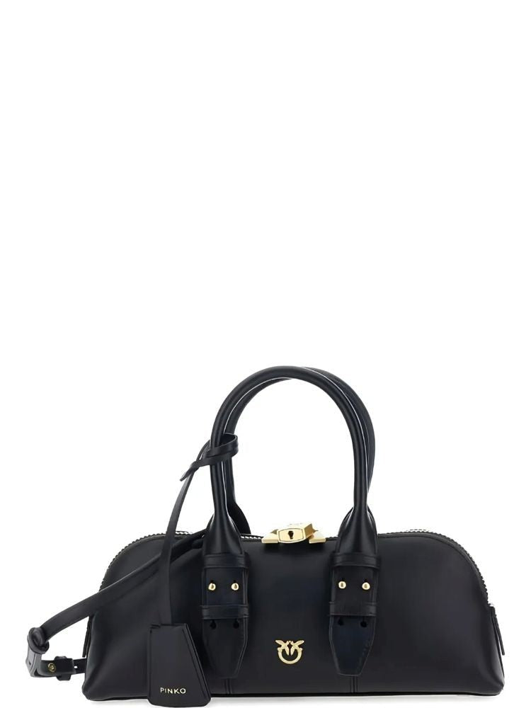 Pinko Vitello Leather Bowling Bag With Dual Handles And Detachable Strap
