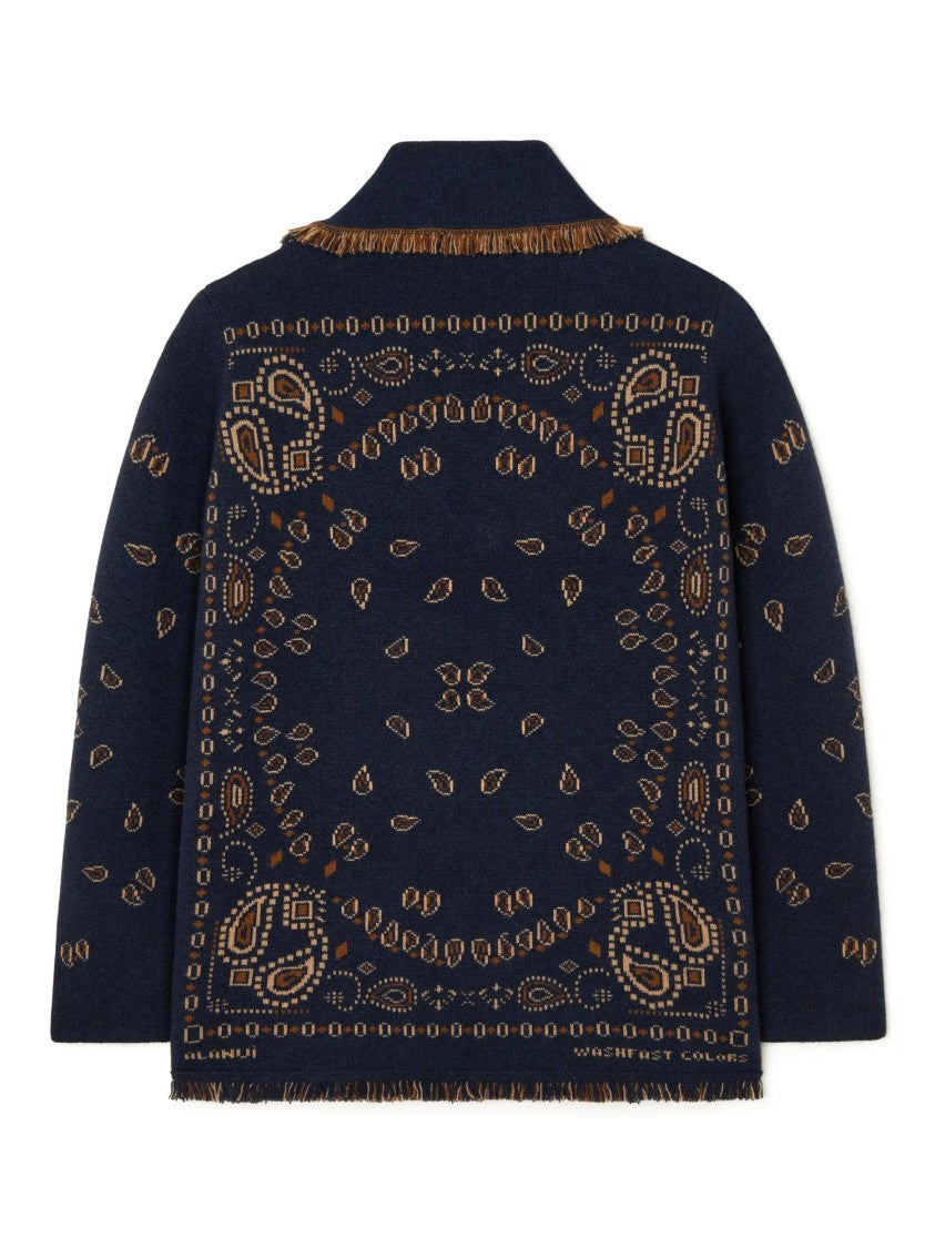 Alanui Bandana Jacquard Cardigan With Shawl Collar And Fringed Edges