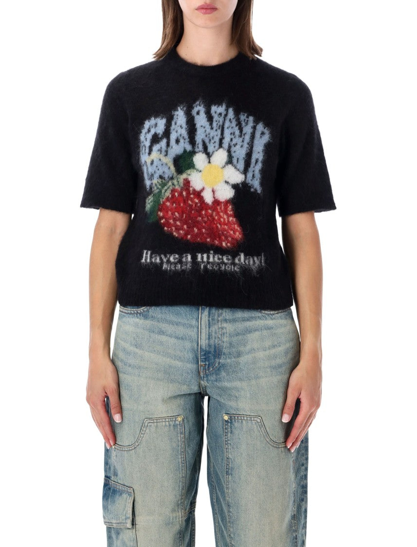 Ganni Fuzzy Black Knit Top With Strawberry Graphic