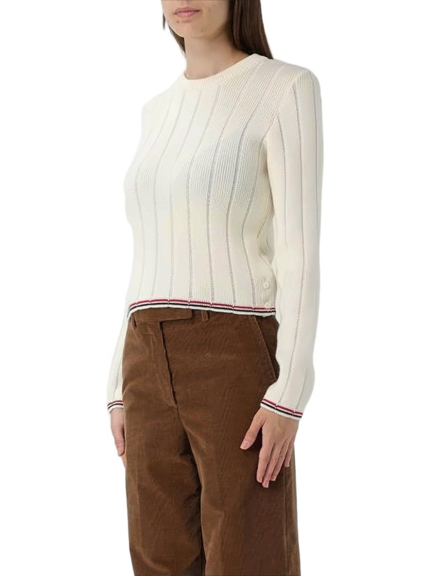 Thom Browne Cropped Ribbed Knit Sweater With Tricolor Details