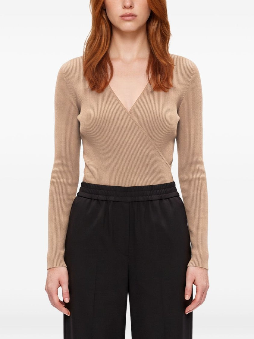 Max Mara Silk-Blend Wrap V-Neck Sheer Bodysuit
