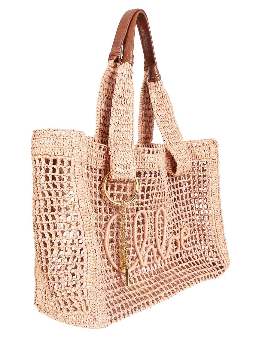 Chloé Grid-Pattern Raffia Tote Bag With Leather Accents