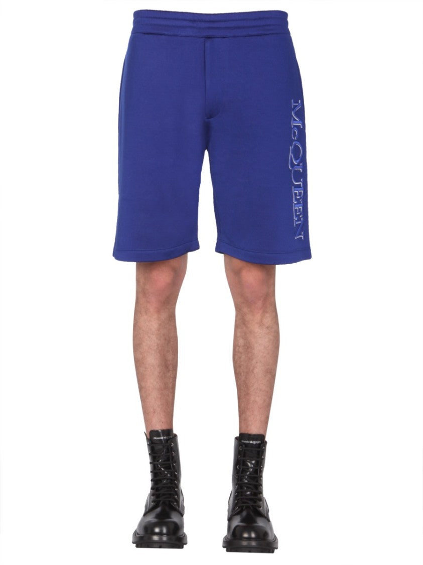 Alexander Mcqueen Blue Shorts With Embroidered Logo