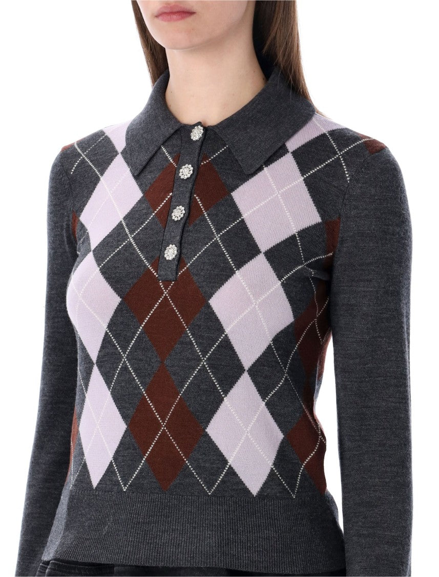 Self-Portrait Argyle Knit Jewel Button Check Top