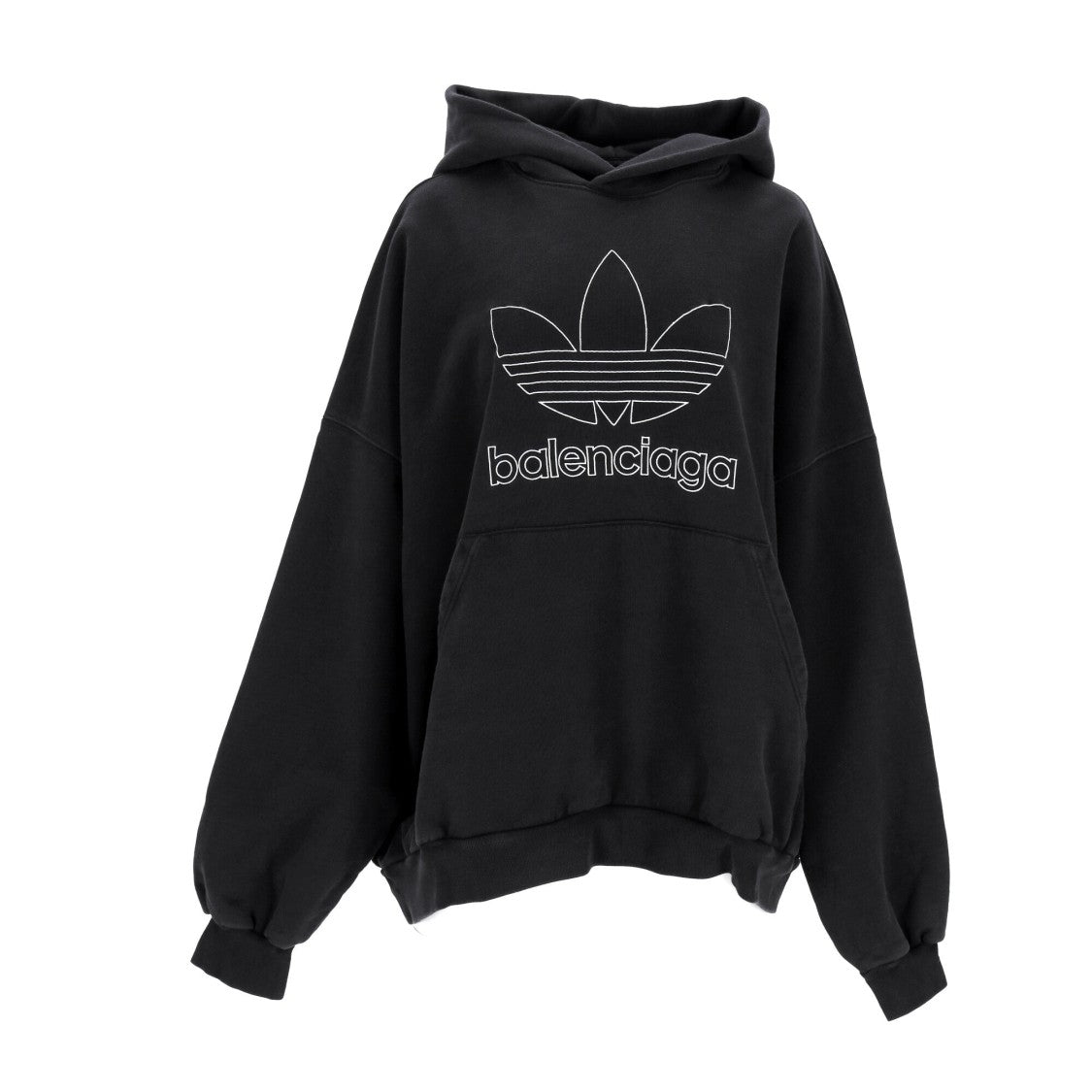 Balenciaga Oversized Black Fleece Hoodie With Embroidered Logos