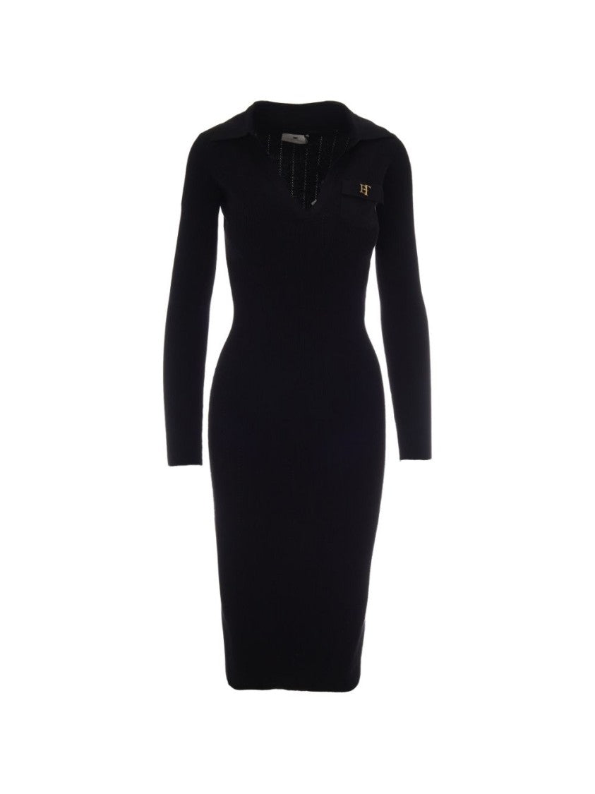 Elisabetta Franchi Black Fitted Knit V-Neck Metallic Dress