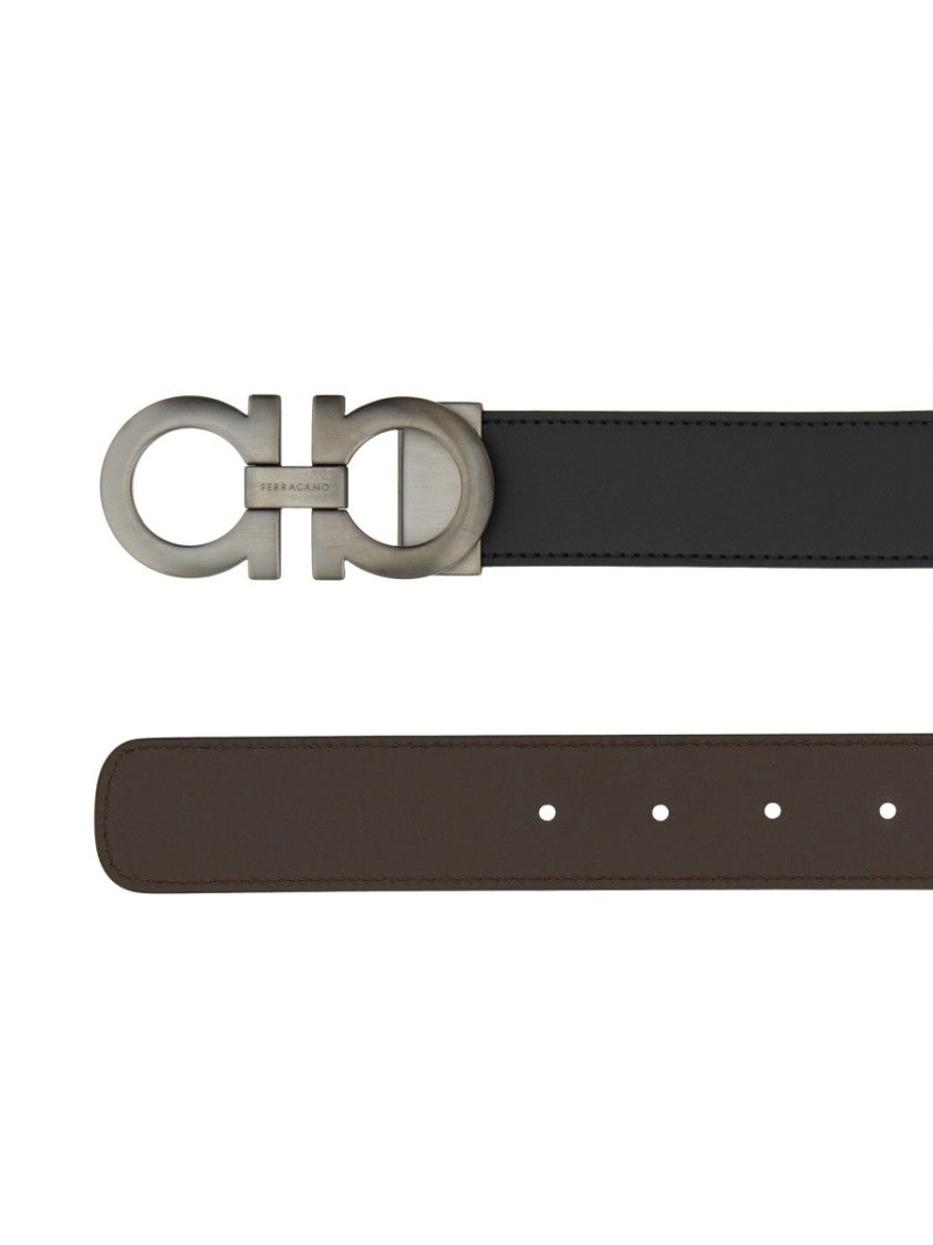 Ferragamo Reversible Black Calf Leather Belt With Interlocking Buckle