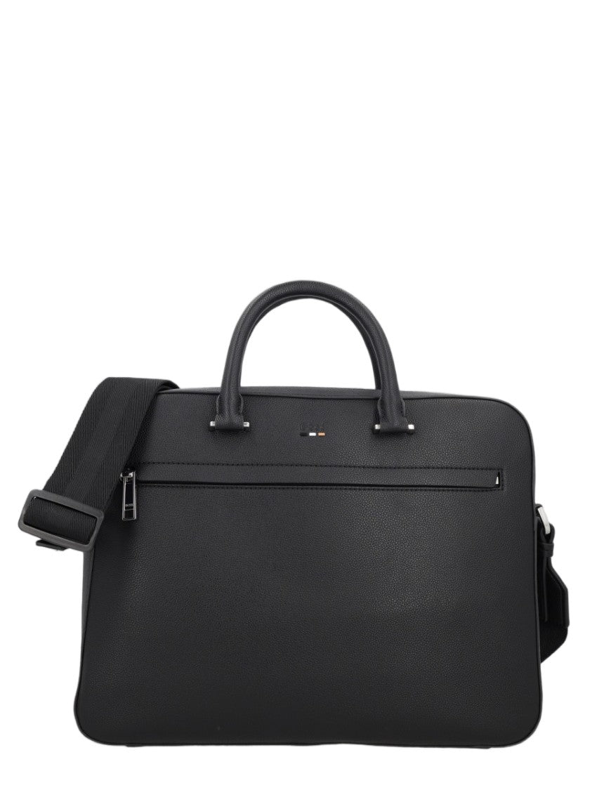Boss Textured Black Document Bag With Dual Handles And Shoulder Strap