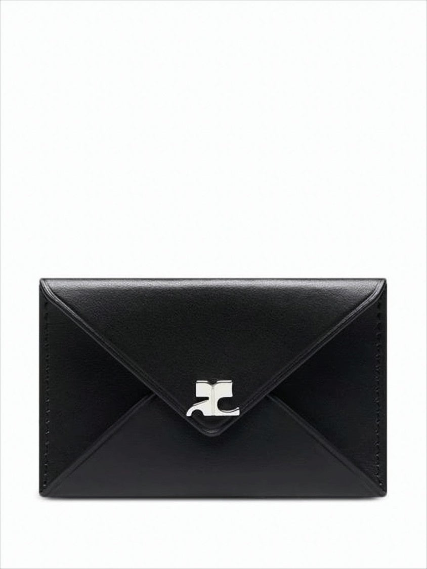 Courrèges Envelope-Style Black Calf Leather Wallet With Silver-Tone Clasp