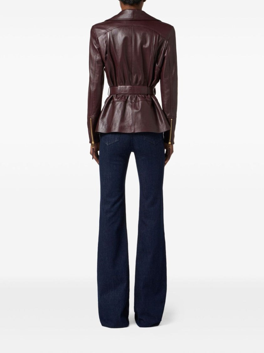 Elisabetta Franchi Belted Burgundy Lamb Leather Jacket