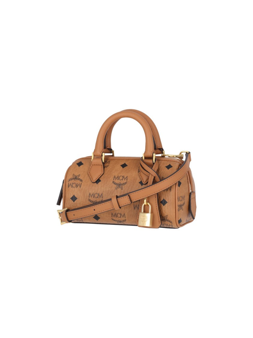 Mcm Mini Ella Boston Handbag In Textured Calf Leather With Gold Padlock Charm
