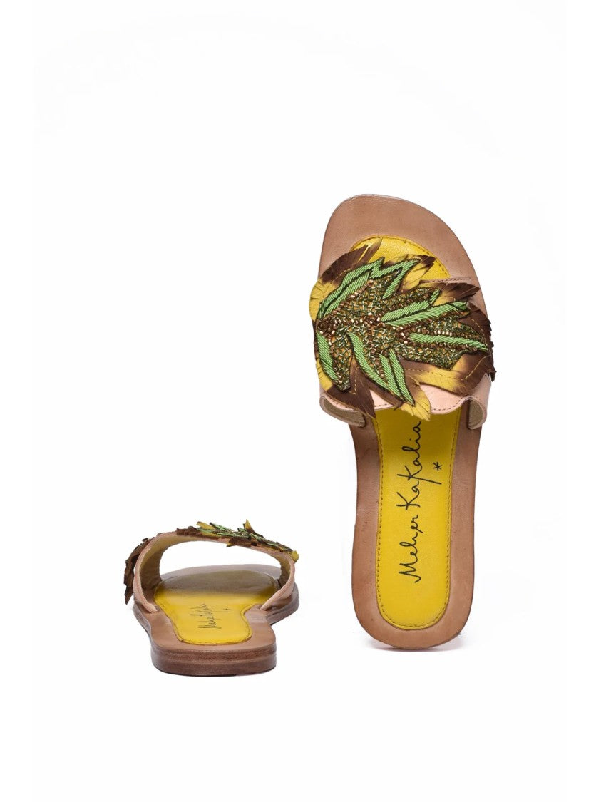 Meher Kakalia Beige Green Open-Toe Leaf Leather Mules
