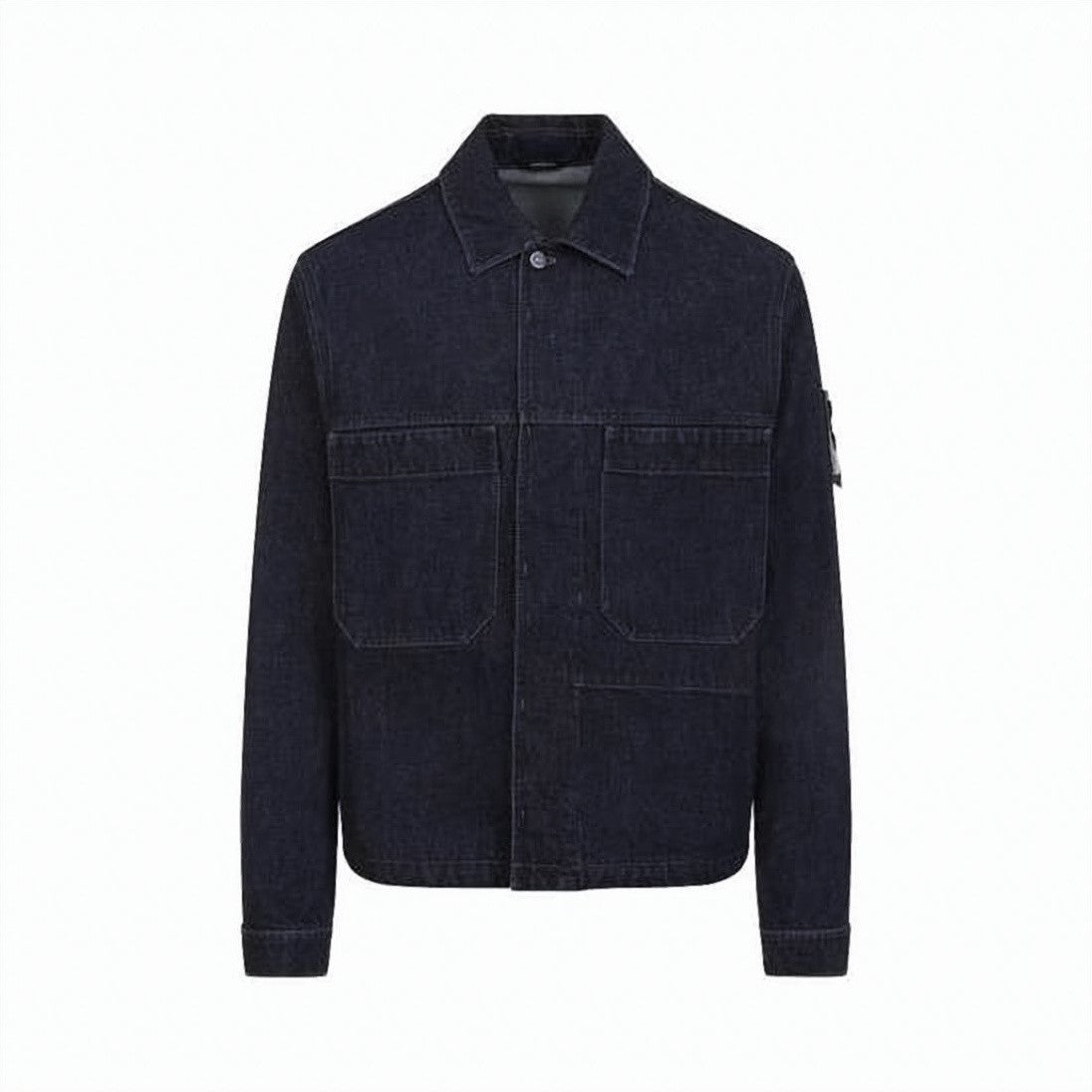 Stone Island Structured Blue Leather Jacket With Classic Collar