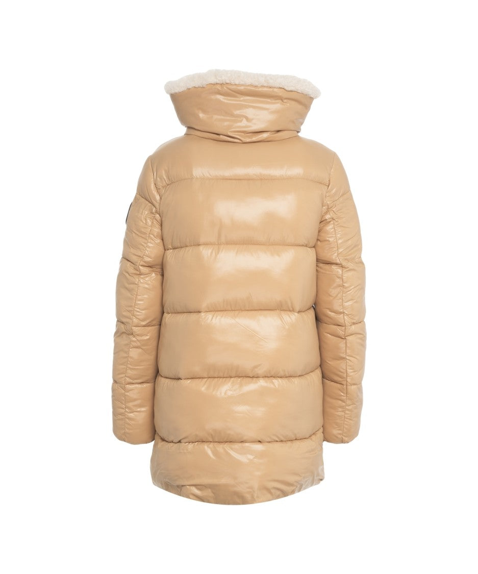 Save The Duck Quilted Beige Down Coat With Plush Collar