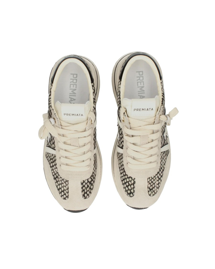 Premiata Beige Bethcoin Textured Python Suede Panel Sneakers