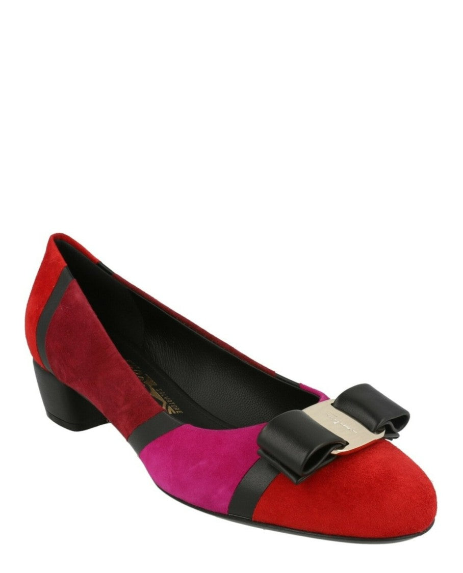 Ferragamo Vara Patchwork Suede Pumps With Block Heel And Bow Accent