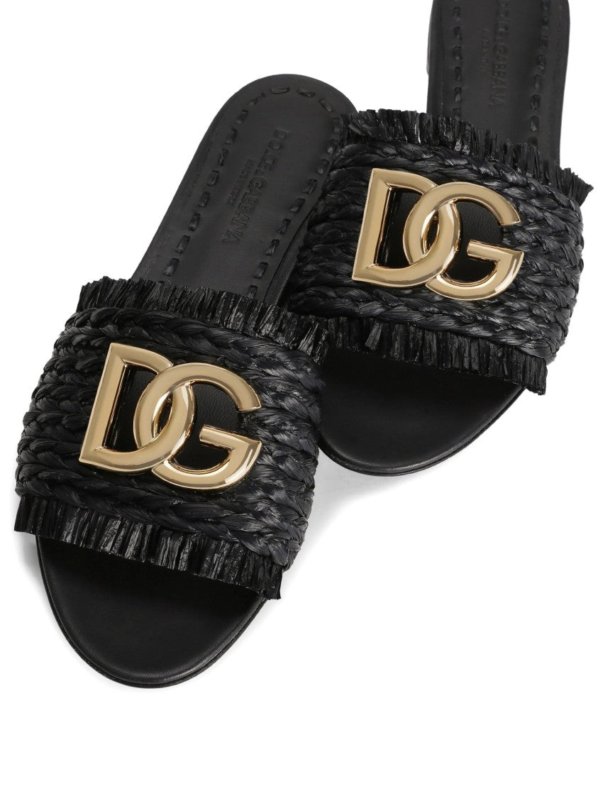 Dolce & Gabbana Black Woven Texture Gold Logo Sandals