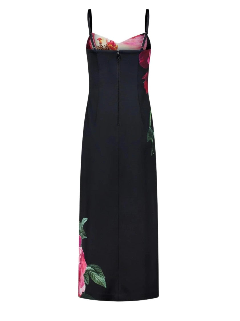 Alice Olivia By Stacey Bendet Black Printed Matte Satin Midi Dress