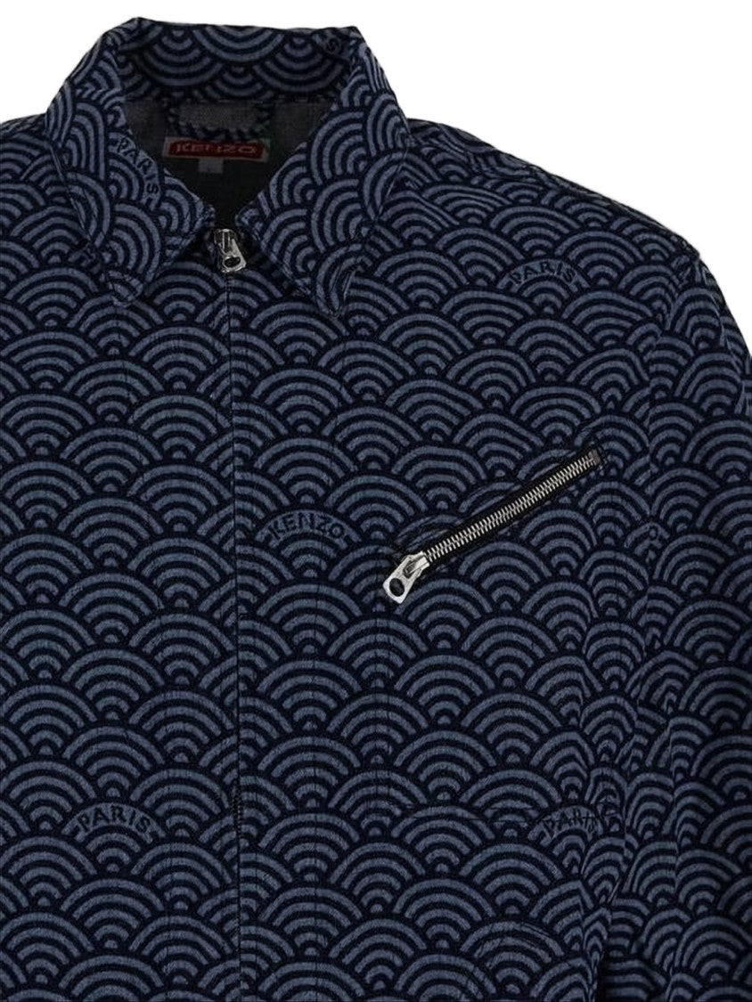 Kenzo Cropped Denim Jacket With Wave Pattern And Zippered Pocket
