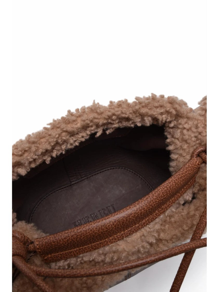 Hereu Brown Leather Shearling Trimmed Shoulder Bag