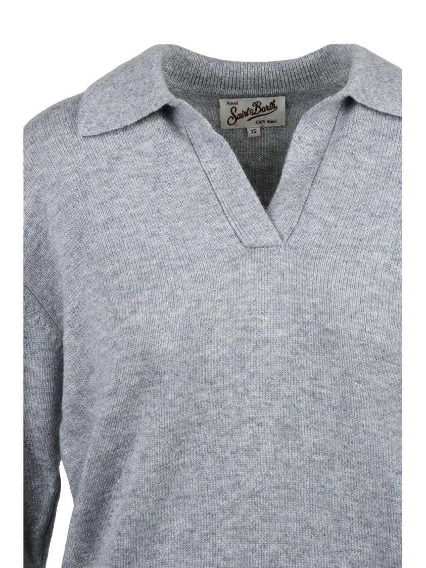 Mc2 Saint Barth Heathered Grey Knit Polo With Classic V-Neck And Ribbed Detailing