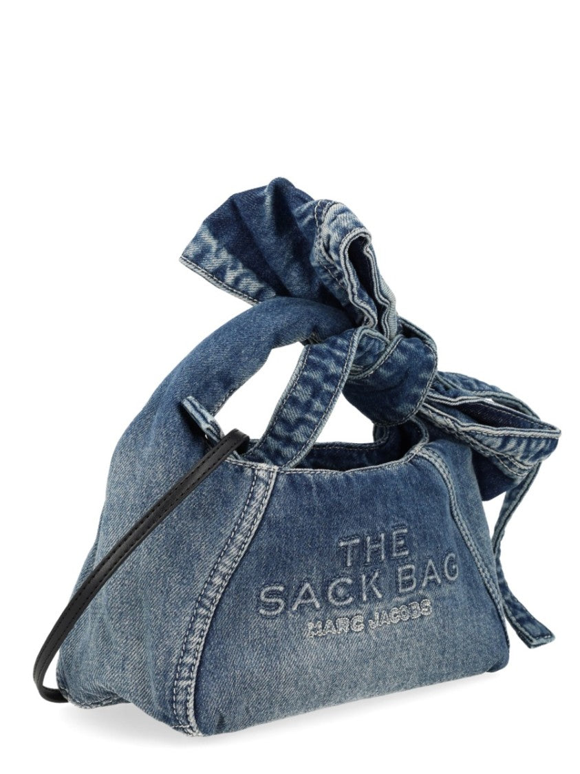 Marc Jacobs Denim Mini Sack Handbag With Bow Detail And Embroidered Accents