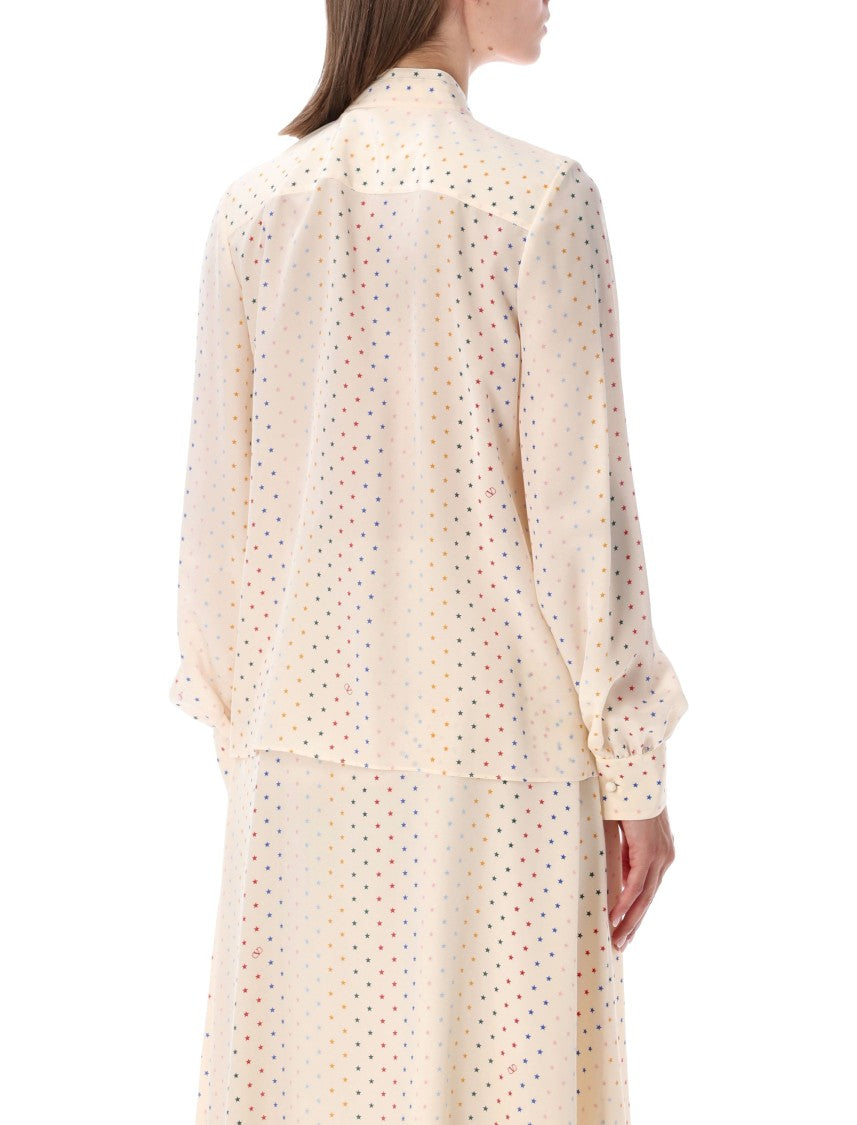 Valentino Garavani Multi Star Print Silk Bow Blouse