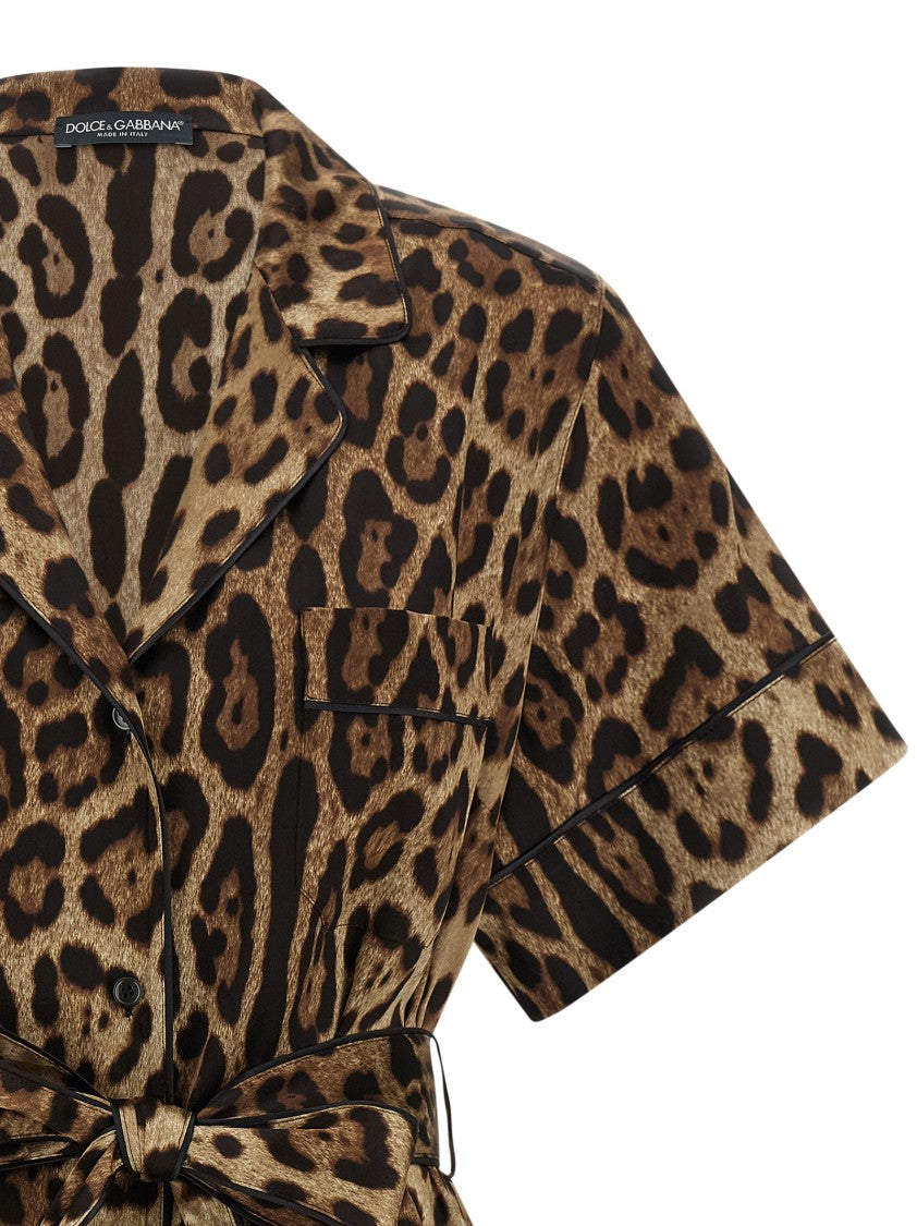 Dolce & Gabbana Silk Leopard Print Shirt With Waist Belt And Black Piping