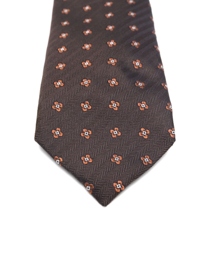 Corneliani Brown Silk Tie With Subtle Herringbone Texture