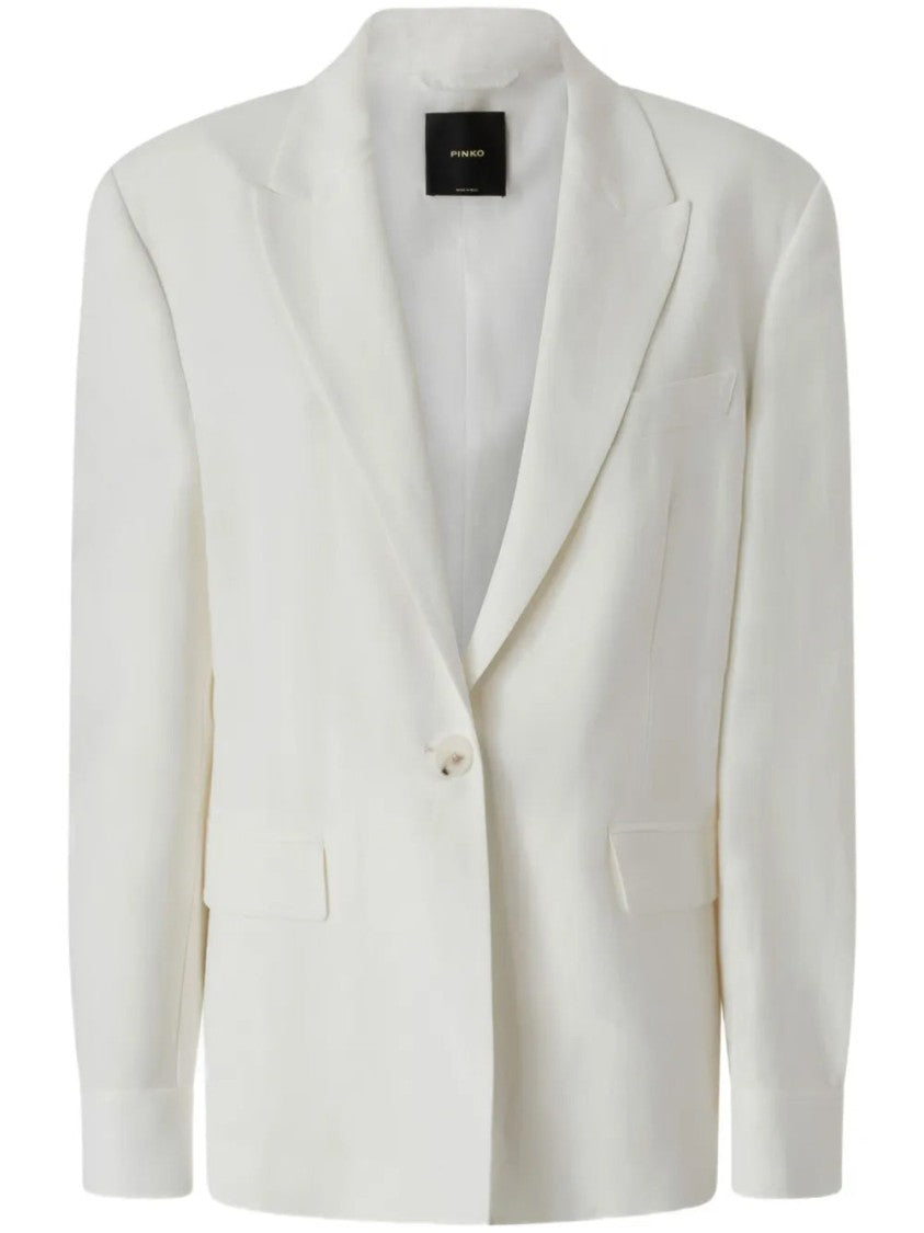 Pinko White Umbrella Tailored Belted Viscose-Linen Blazer