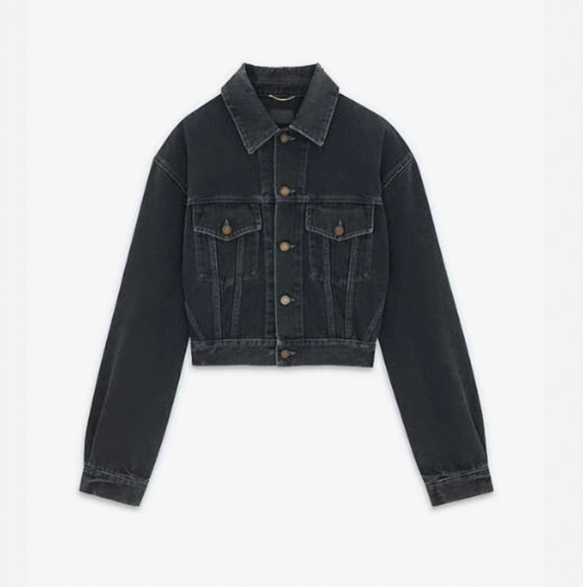 Saint Laurent Cropped Black Denim Jacket With Classic Button-Up Front