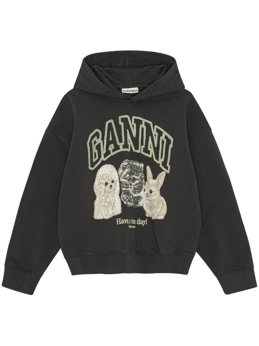 Ganni Oversized Crop Hoodie With Playful Animal Graphic