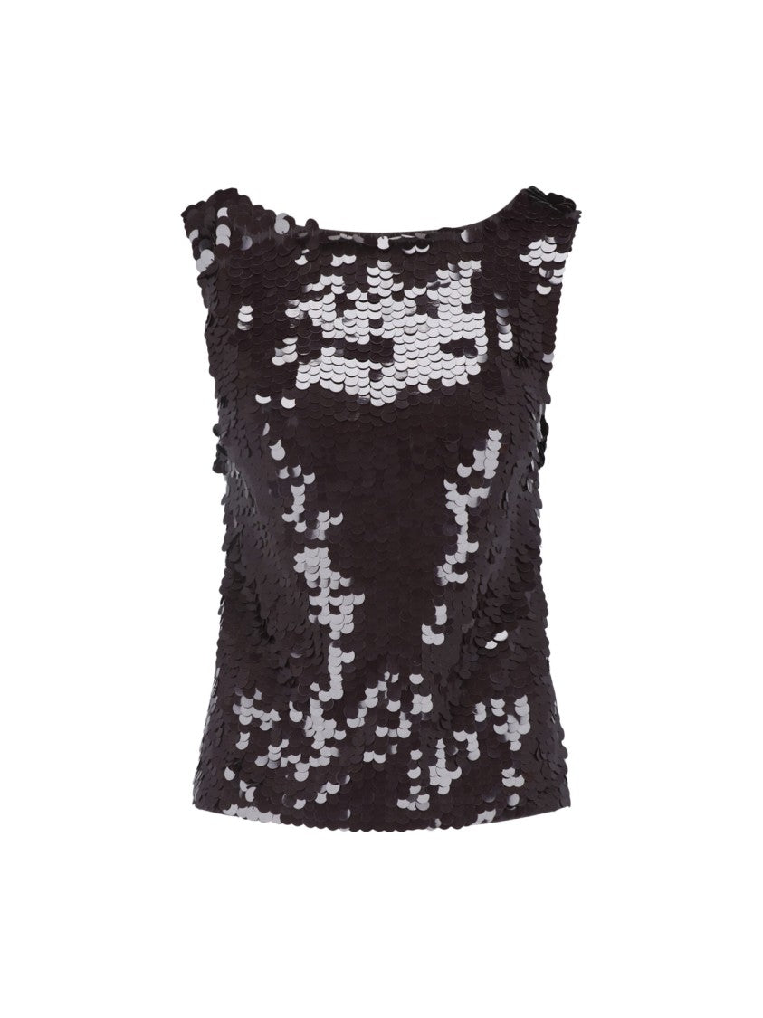 Parosh Sequined Brown Sleeveless Top With Cut-Out Detail