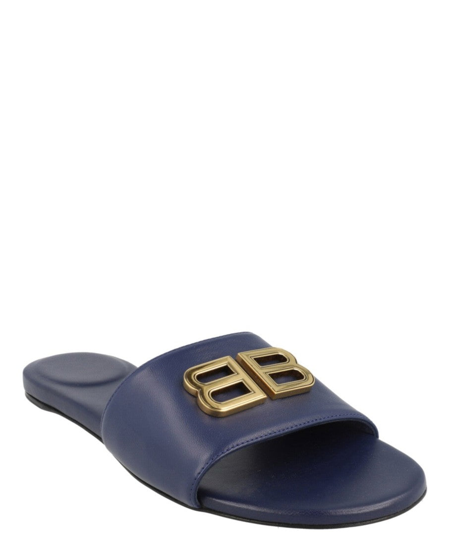 Balenciaga Flat Slide Sandals With Gold-Tone Bb Logo And Smooth Finish