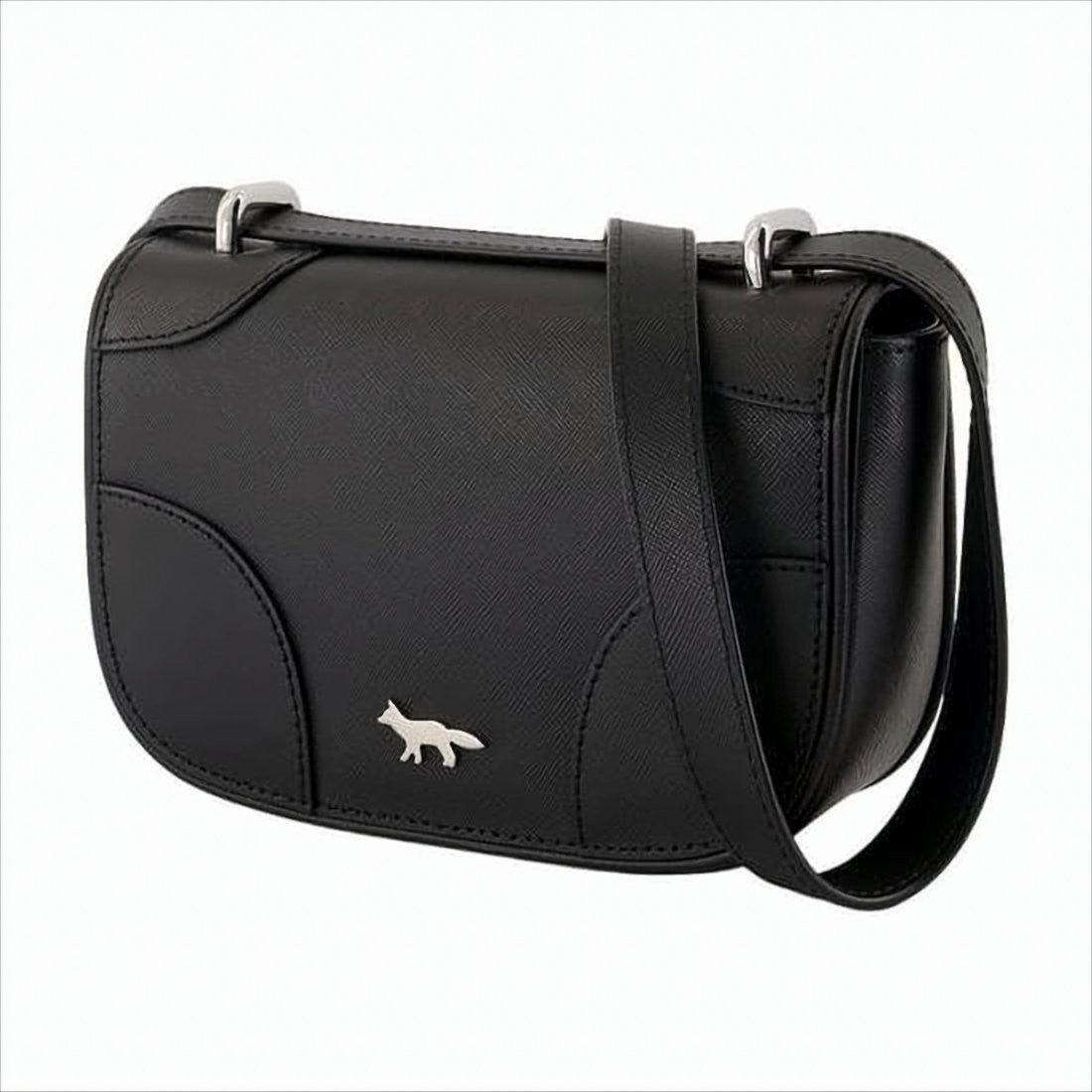 Maison Kitsuné Structured Black Cowhide Leather Shoulder Bag With Fox Emblem