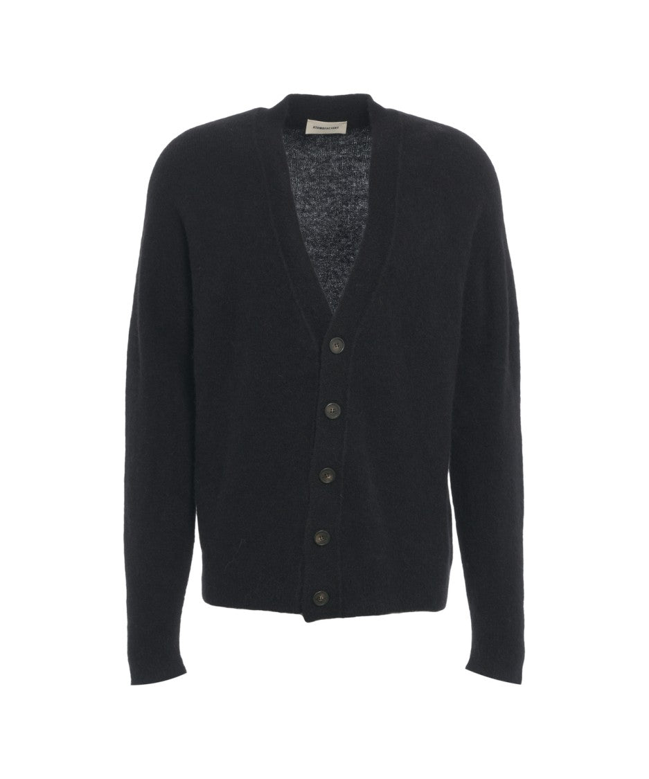 Atomo Factory Virgin Wool Black Cardigan With V-Neck And Ribbed Cuffs