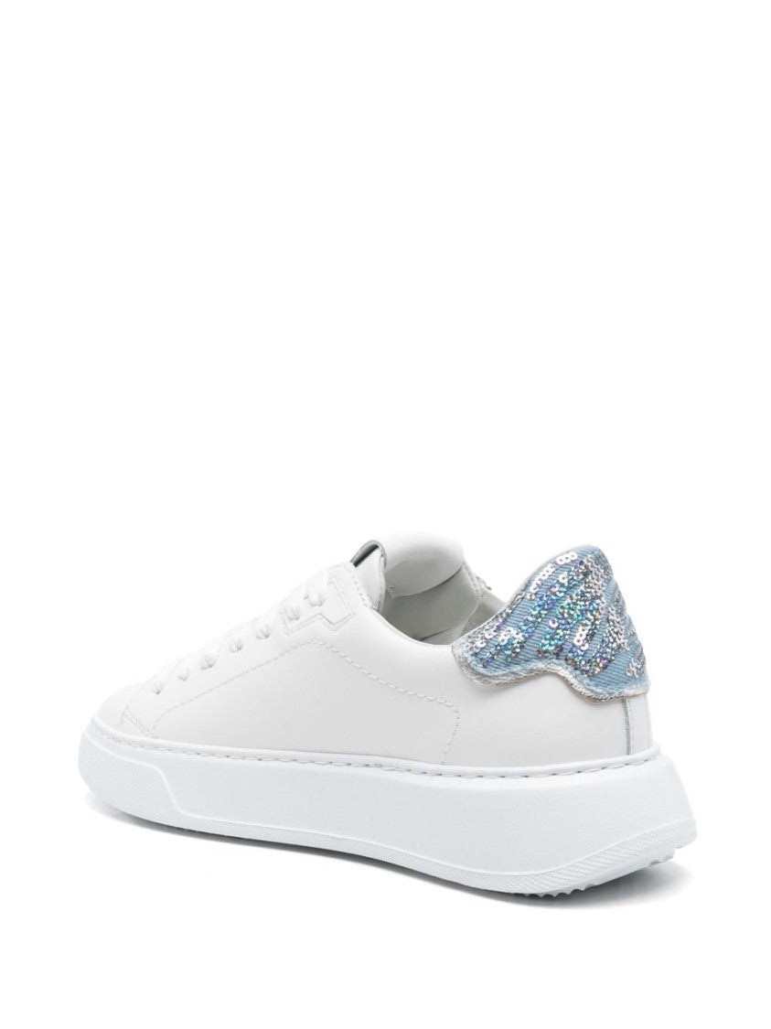 Philippe Model White Leather Sneakers with Textured Blue and Silver Accents