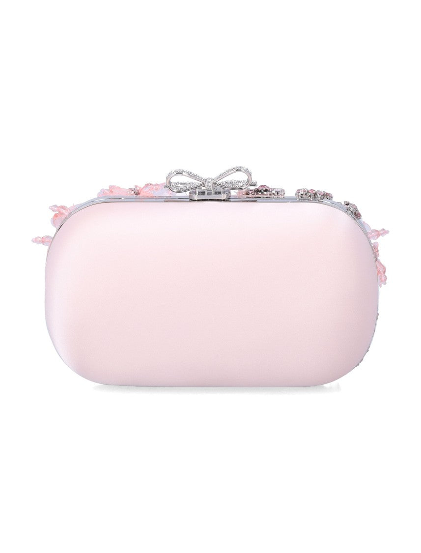 Self-Portrait Pink Satin Floral Clutch With Crystal Embellishments