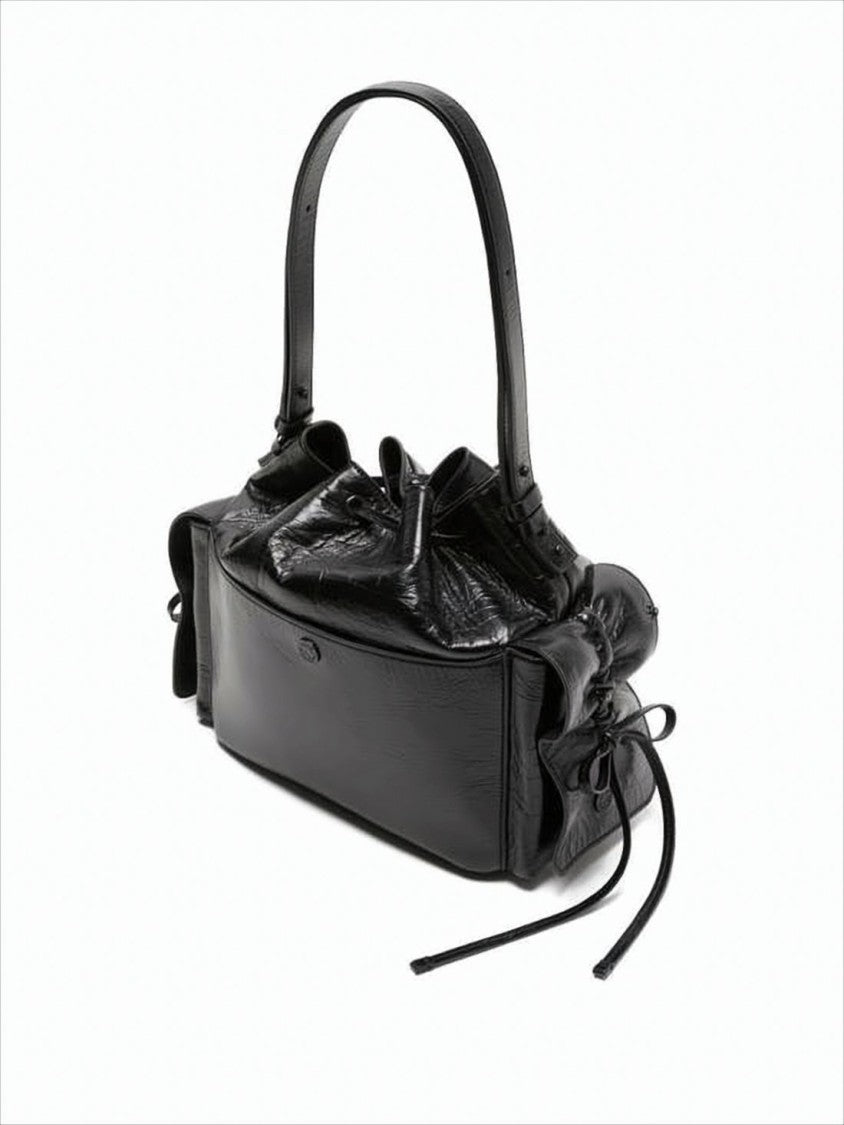 Acne Studios Glossy Black Calf Leather Shoulder Bag With Ruched Detail
