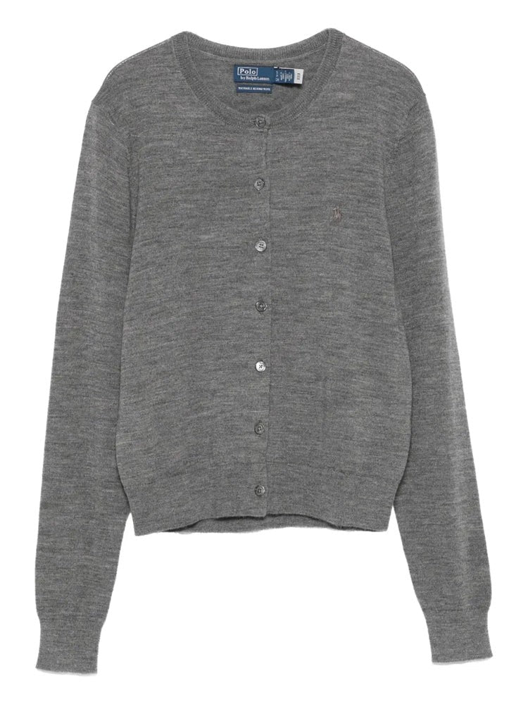 Polo Ralph Lauren Grey Cropped Ribbed Knit Wool Cardigan