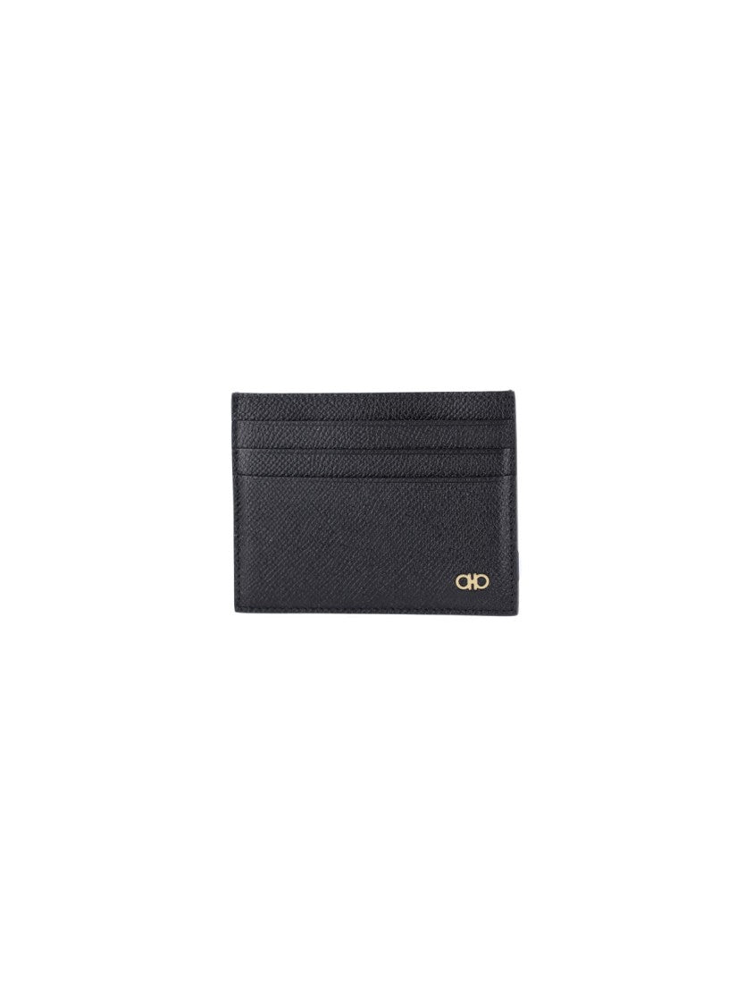 Ferragamo Gancini Card Holder In Black Hammered Calfskin